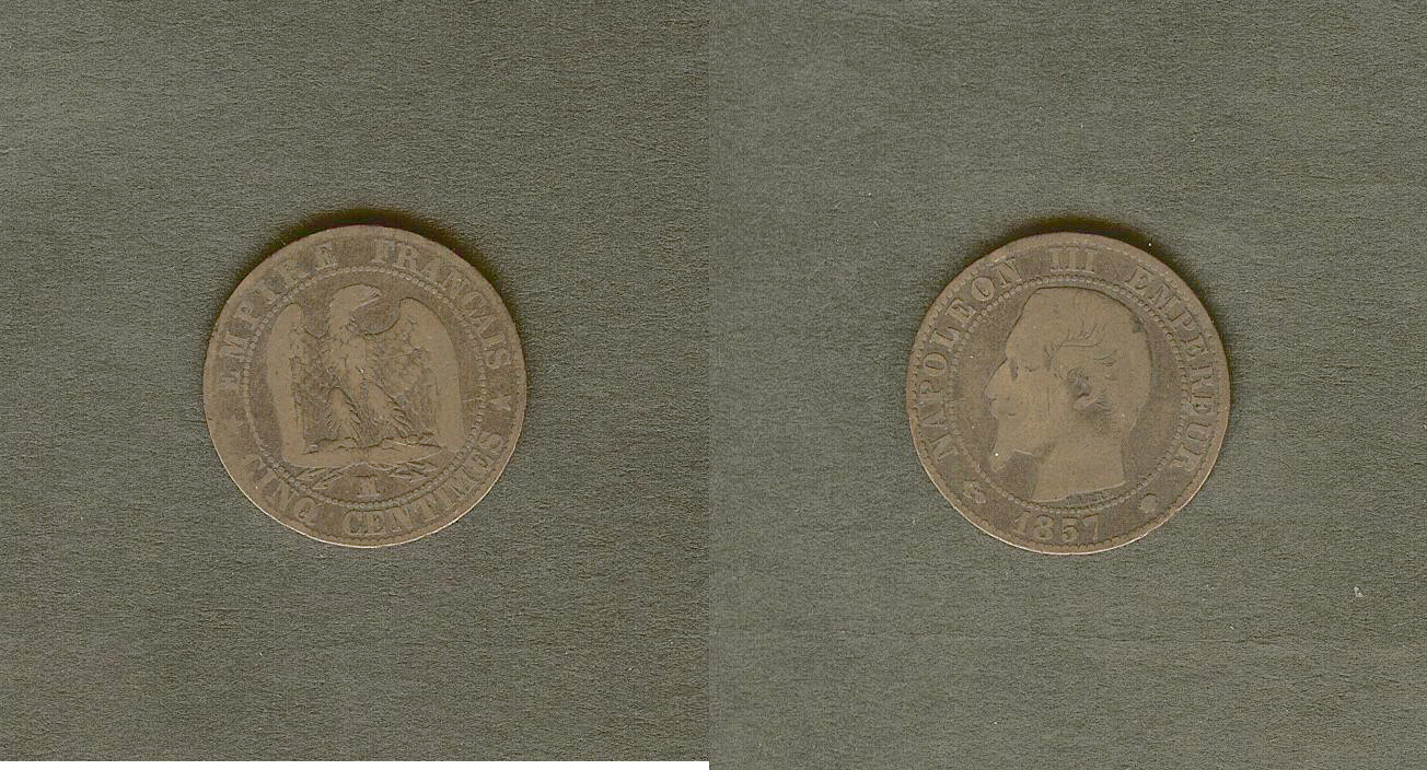 Cinq centimes Napoléon III, tête nue 1857 Marseille TB à TB+